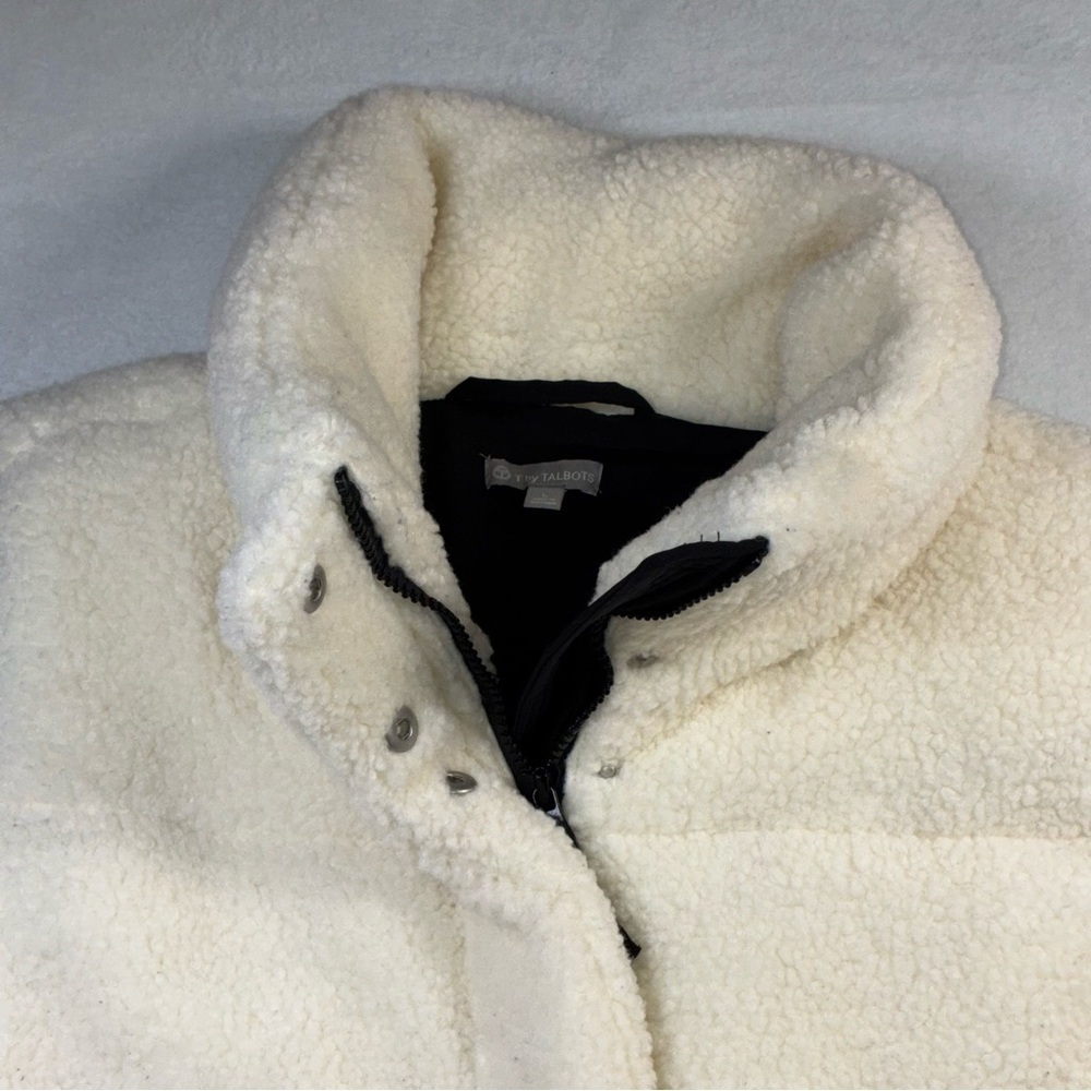 T By Talbots Faux Sherpa Puffer Vest Quilted Ivory Black Trim Large Snap Zipper